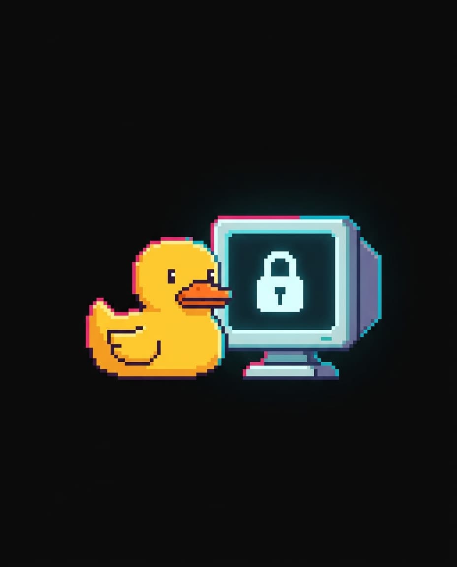 A pixel-art duck signing in at a retro computer showing a padlock